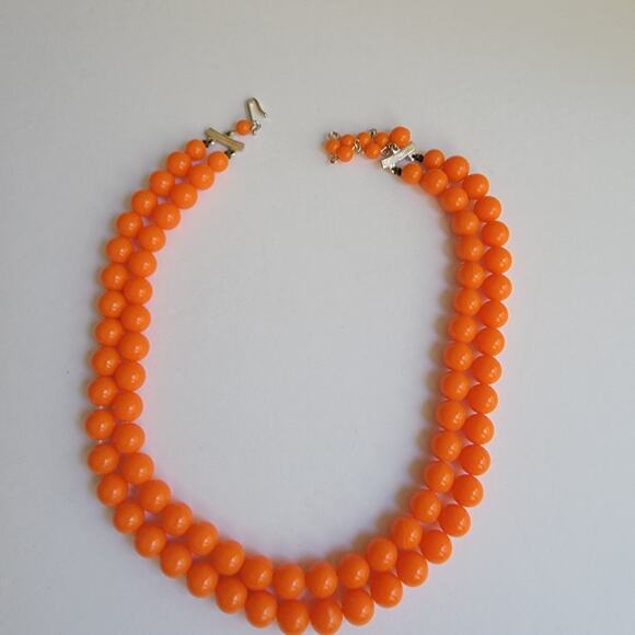 Vintage Double-Stranded Orange Beaded Necklace from Japan, 16 Inch - Picture 1 of 8